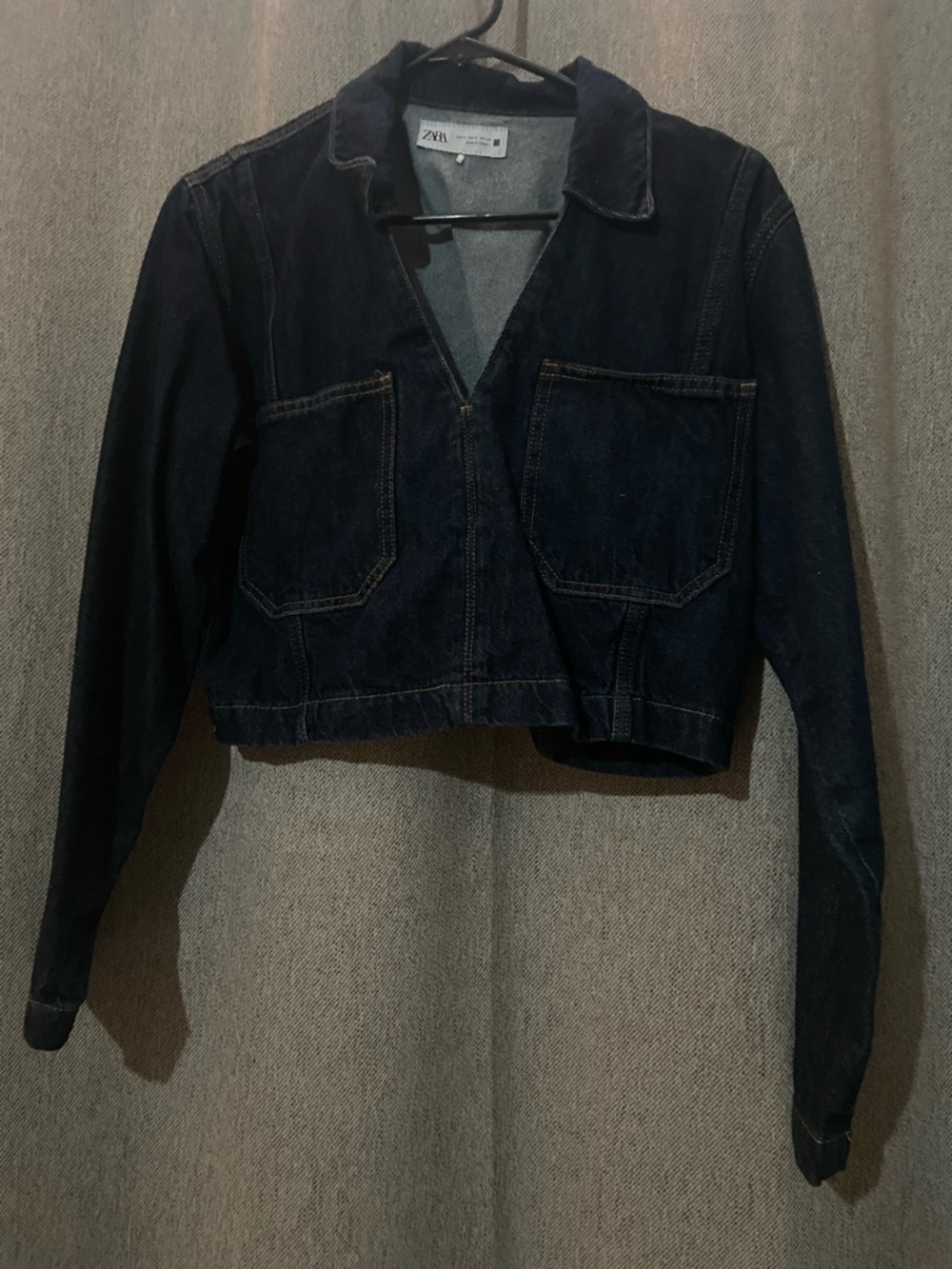 Zara Navy Cropped Denim Jacket with Front Pockets